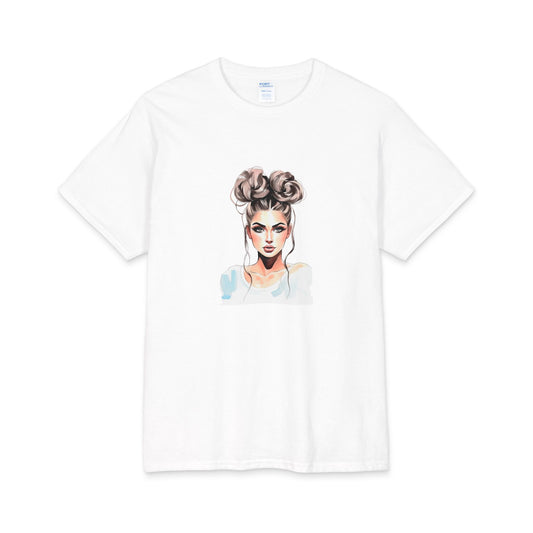 Watercolor Bun Hairstyle Portrait Tee — Women's Fashion Illustration Graphic T-Shirt