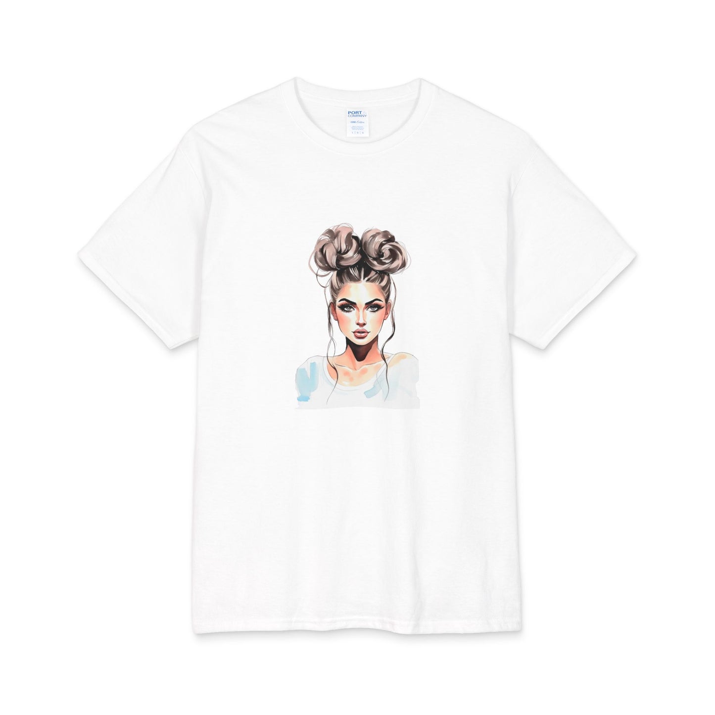 Watercolor Bun Hairstyle Portrait Tee — Women's Fashion Illustration Graphic T-Shirt